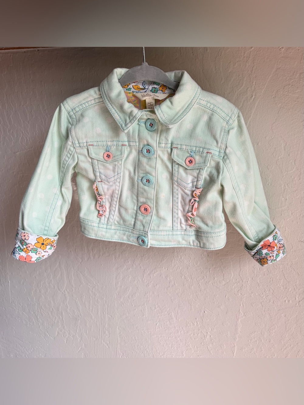 Matilda Jane Pastel Mint Green Girls' Jean Jacket with Floral Trim - Picture 5 of 5